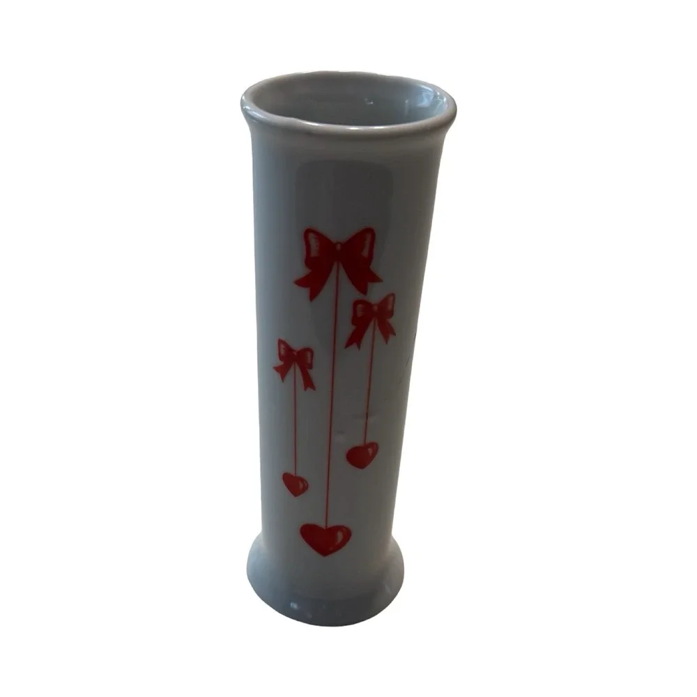 Vintage FTDA White Ceramic Bud Vase Red Bows and Hearts Made in Korea Retro 7x2
